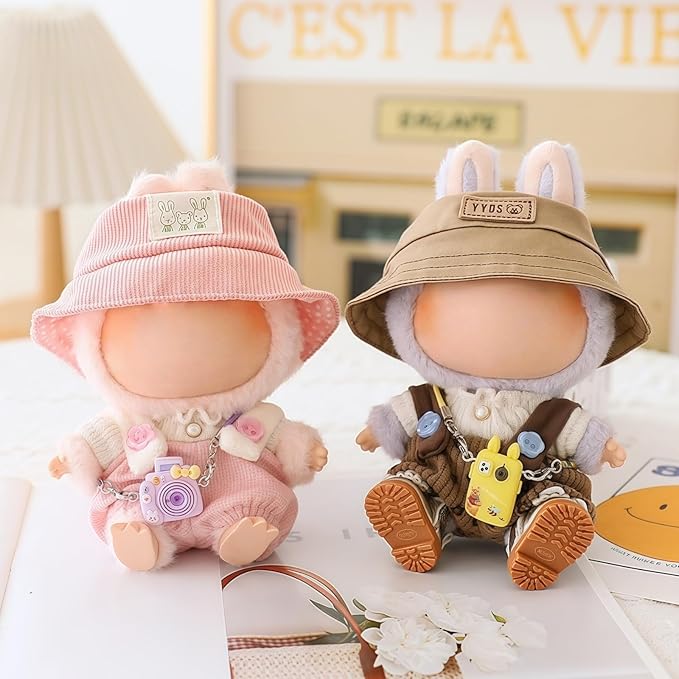 Clothes for Lu bubu 17cm Dolls Accessories(No Doll), Cute Outfit Set 5 Pieces Bib Pants for 17cm Doll Suit, Stylish Dress Up Overalls Doll Clothing Set Replacement with Hat Clothes Shoes Pink