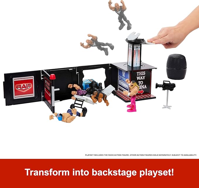 Mattel WWE Knuckle Crunchers 2-in-1 Microphone & Playset with Action Figure & 2 Accessories, Final Boss Set with 3.25-inch The Rock