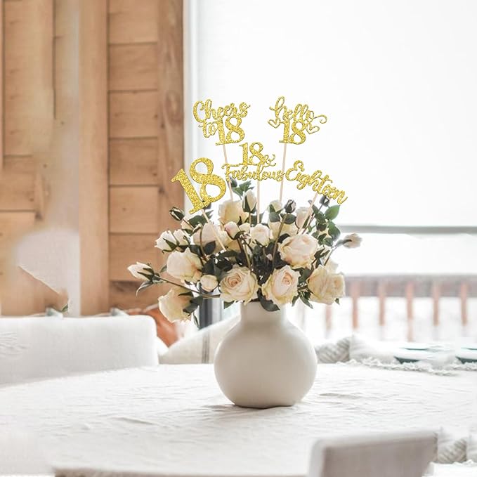 15PCS Happy 18th Birthday Centerpiece Sticks Hello 18 Fabulous Table Flower Centerpieces Sticks Eighteen Cheers to 18 Years Floral Decoration for Happy 18th Birthday Party Centerpieces Sticks Gold