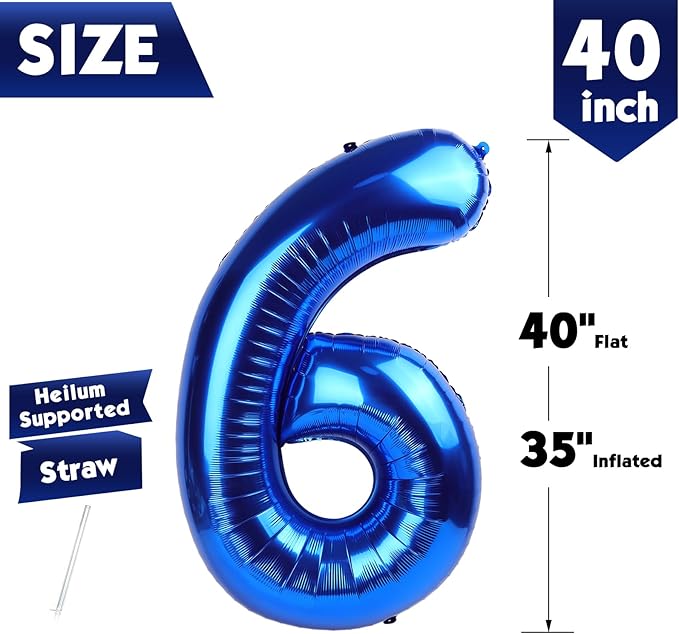 40 Inch Metallic Blue Number 6 Balloon, Giant 6 Number Balloons for 6th Birthday Decorations, Party Supplies for Baby Boy Girl, Metallic Blue Party Decor