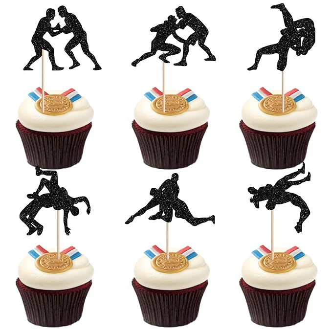 24 PCS Wrestling Cupcake Toppers Glitter Wrestler Cupcake Picks Wrestling Birthday Party Decorations for Sport Theme Boys Men Birthday Party Cake Decorations Supplies Black