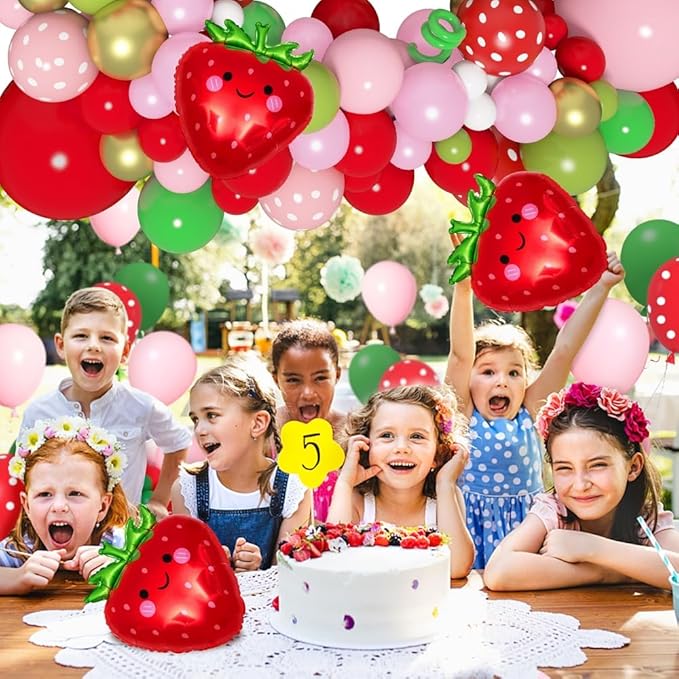 Amandir 162Pcs Strawberry Birthday Party Decorations Strawberry Balloons Garland Arch Kit Berry First Birthday Party Supplies for Girls Summer Fruit Party Decor