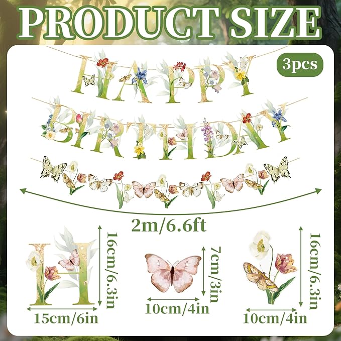 Paper Jazz Wildflower Party Birthday Banner,Butterfly Happy Birthday Banner,Floral Party Decorations for Garden Tea Party Baby Shower For Girl and Women