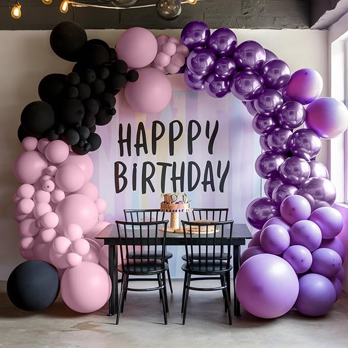 Purple Pink Balloons, 12 Inchs Black Pink Purple Metallic Purple Balloons, Pink and Black Birthday Balloons for Birthday Party Baby Shower Wedding Decorations