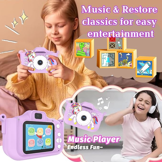 Kids Camera for 3-9 Year Old Boys Girls, Children Digital Camera with Cute Cartoon Soft Cover & 32GB SD Card, Best Christmas Birthday Gifts for Grandkids, Halloween Party Favors for Kids - Purple