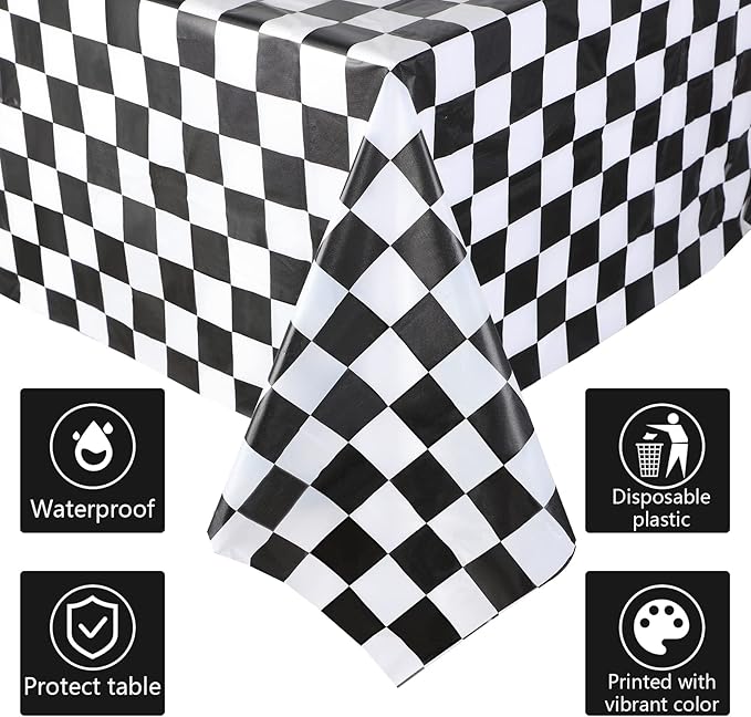 Tallew 2 Pcs Checkered Car Party Supplies Disposable Tablecloth Plastic Table Cover Black and White Checkered Race Table Runner for Racing Birthday Party Decor Favor Supplies (Black,White)