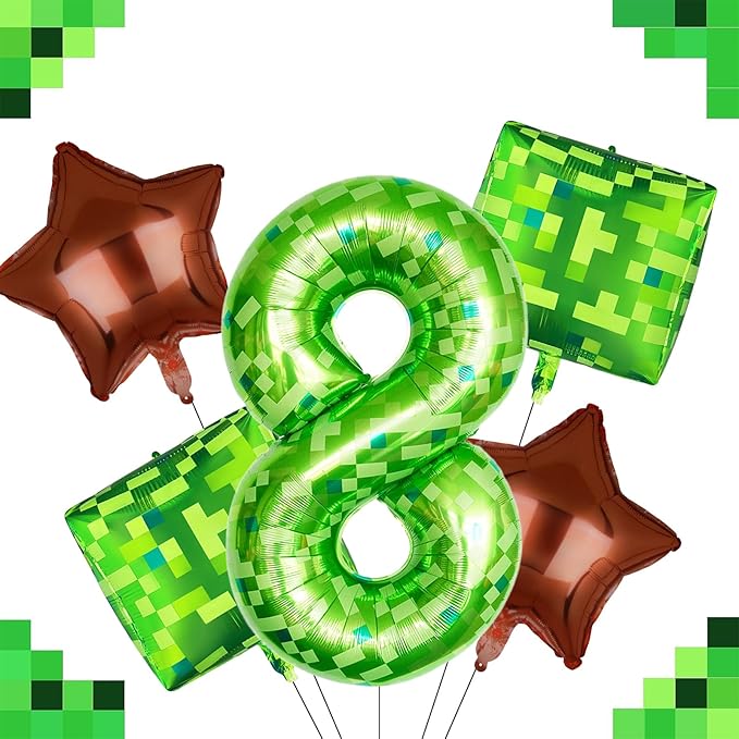 5Pcs Green Pixel Miner Number 8 Foil Balloon Set 40 Inch Large Mylar Mining Theme 8th Number Balloons Pixel Cubes Boxes Video Game Birthday Party Decorations