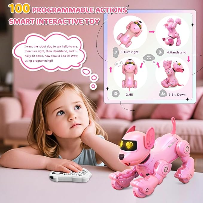 VATOS New Kids Remote Control Robot Dog, 17 Fun Interactive Functions Intelligent Programmable Kids Robotic Puppy with 2 Batteries, Singing Dancing Walking Robot Dog Toy for Girls 3-8 Years Old, Pink