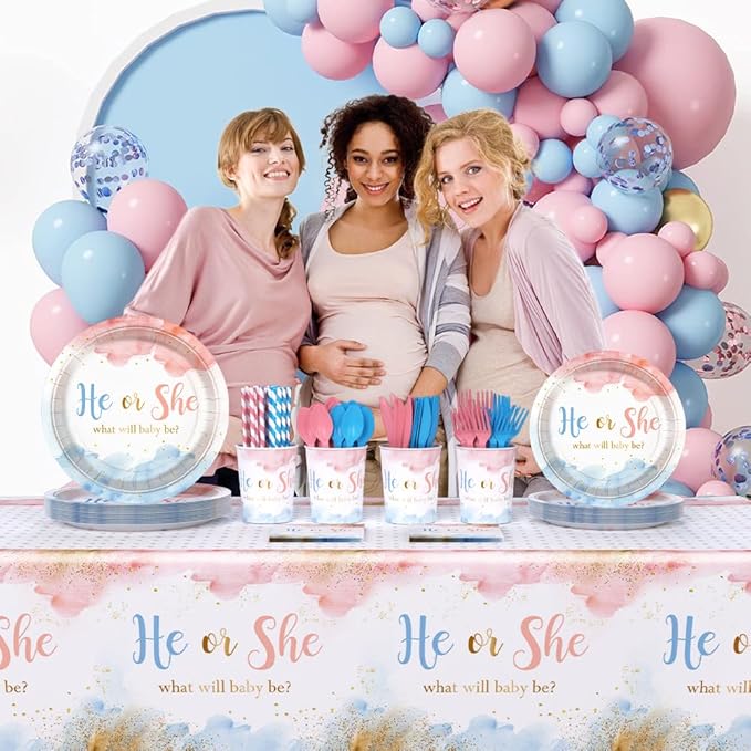194 PCS Gender Reveal Decorations Gender Reveal Paper Plates Cups and Napkins Sets He or She Baby Shower Party Supplies Pink and Blue Disposable Tableware Set with Tablecloth Serves 24 Guests