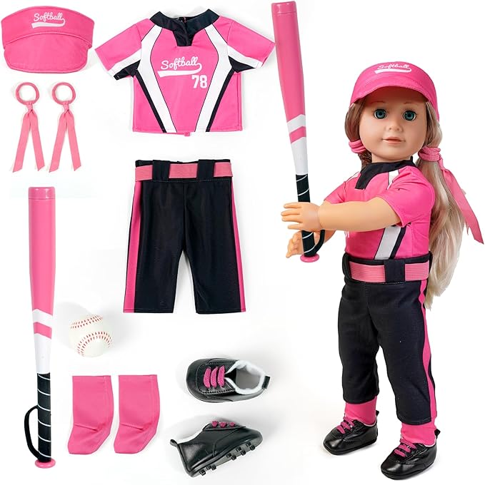 ARTST Softball Uniform Doll Outfit-18 inch Doll Clothes and Accessories Set-Hat Baseball Clothing Bat Shoes Socks, Valentine's Gifts for Girls Spring T-Ball