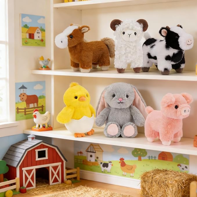 MaoGoLan 6-Pack Stuffed Farm Animal Bulk Plush Toys Set 10″ Soft Stuffed Animals for Kids, Girls - Party Decor, Centerpieces & Pretend Play, Thanksgiving, Christmas, Easter Gifts