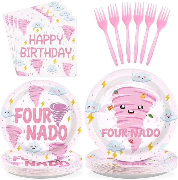 96 Pcs Fournado Birthday Party Decorations for Girl Pink Tornado 4th Birthday Plates and Napkins Tableware Set Four Nado Party Decor for Girls 4 Year Old Tornado Theme Baby Shower Supplies Serves 24