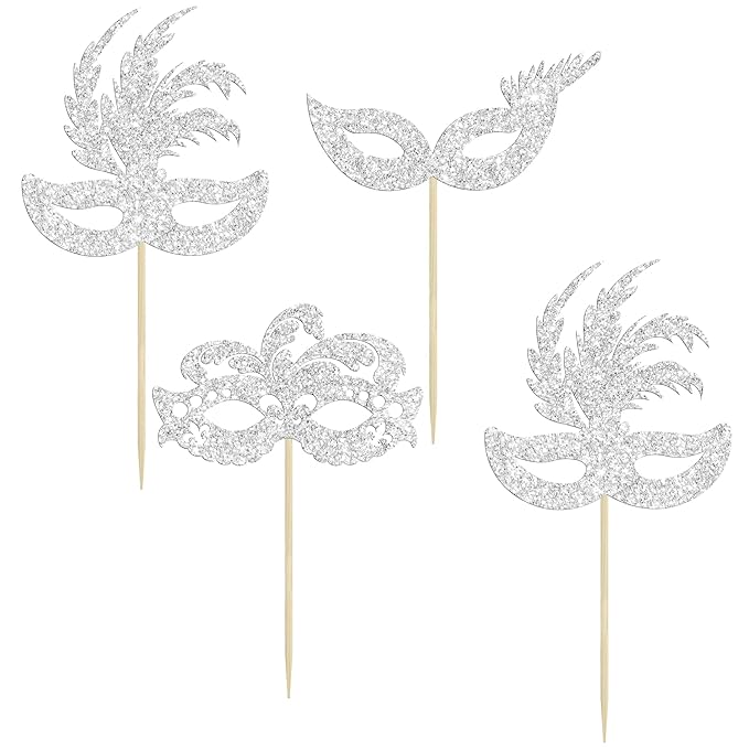 Gyufise 24Pcs Masquerade Masks Cupcake Toppers Silver Glitter Bachelorette Mask Cupcake Topper Mask Cake Picks Decorations for Masquerade Mardi Gras Party Baby Shower Birthday Party Supplies