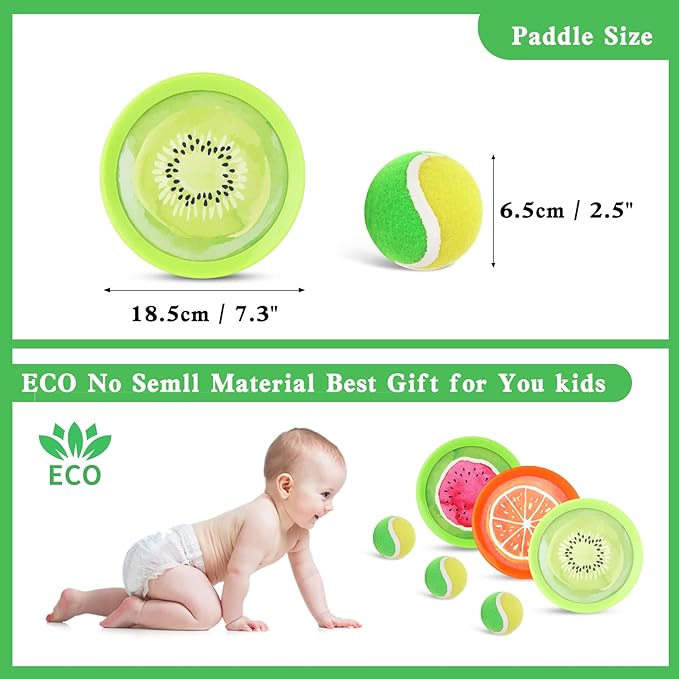 Toss and Catch Ball Game Set - Fruit Design Catch Game for Kids Adults Beach Yard Lawn Outdoor Indoor 6 Sticky Paddles 3 Balls and 1 Storage Bag
