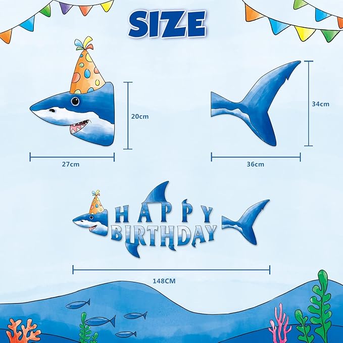WERNNSAI Shark Happy Birthday Banner - Pre-strung Shark Birthday Banner for Kids Boys, Ocean Theme Party Supplies, Beach Under The Sea Theme Party Hanging Wall Decor