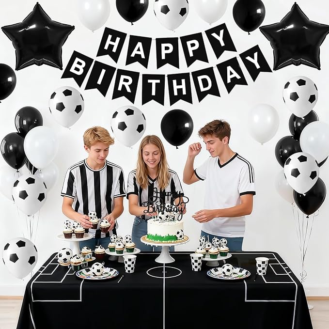 Soccer Birthday Party Decorations for Boys, Soccer Party Decoration with Black White Balloons Happy Birthday Banner Cake Toppers 18in Foil Balloon for Boys Men Girls Women Party Decor