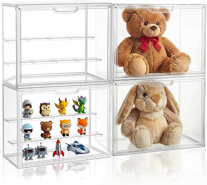 4 Pcs Clear Acrylic Display Case Plastic Stackable Storage Bins 3 Tier Display Shelf Storage Boxes Cabinet Organizer with Magnetic Door for Action Figures,Collectibles(Large)
