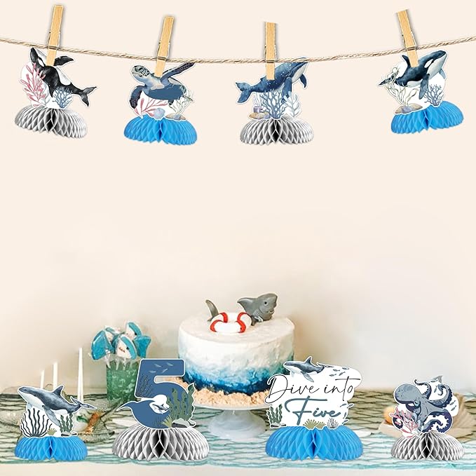 8Pcs Dive Into Five Honeycomb Centerpieces for Boys, 5th Birthday Ocean Themed Under The Sea Table Toppers Five Years Old Party Supplies