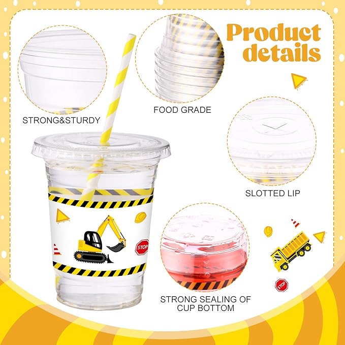 Yungyan 50 Sets Construction Theme Party Plastic Cups with Lids and Straws 16 oz Coffee Juice Drinking Cups for Birthday Baby Shower Party Supplies