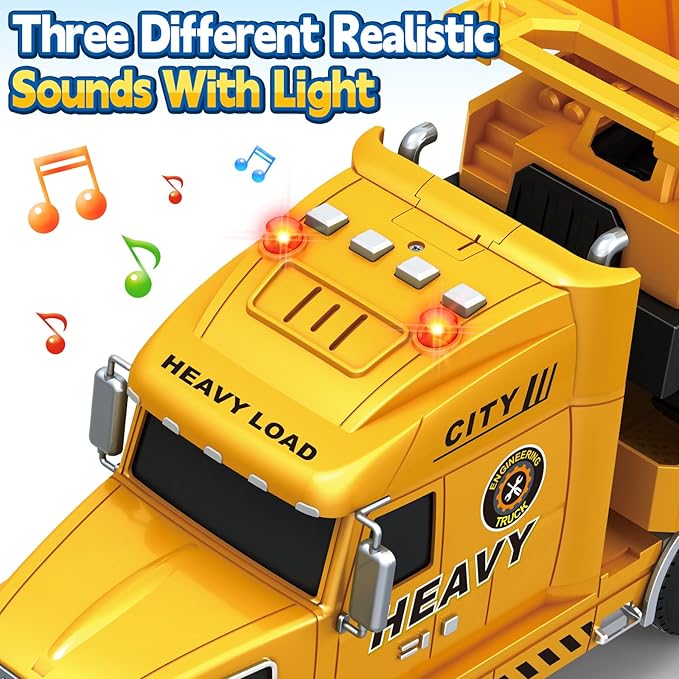 Toddler Boy Toys for 3 4 5 6 7 Years Kids, 27" Semi Construction Carrier Truck Toy with Excavator and Dump Truck, Friction Powered Toys with Lights and Sounds, Birthday for Boy Girls