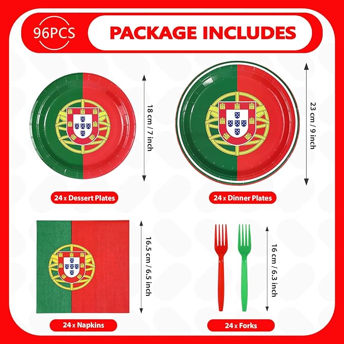 96Pcs Portugal Flag Party Supplies Portuguese Flag Plates and Napkins National Country Decoration Portugal Theme Red and Green Tableware Set for Patriotic Festival Party Supplies，Serves 24