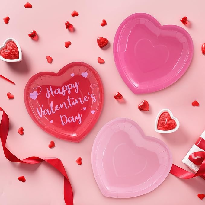 24 Pcs Happy Valentine's Day Plates - Red Pink Heart Shaped Paper Plates, Disposable Love Heart Dinner Dessert Plate Tableware for Valentines Day Anniversary Wedding Party Supplies, 7.5 x 7.5 Inch