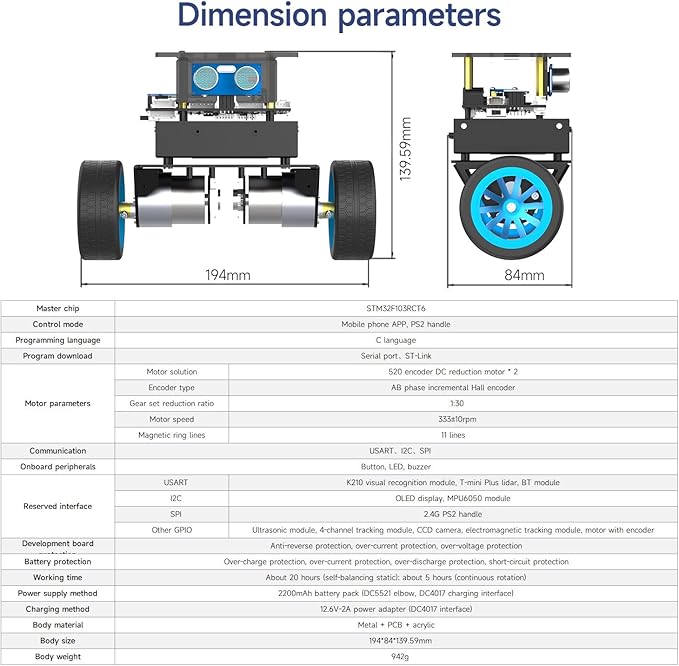 Yahboom STM32 2wd Self-Balancing Robot,Two-Wheeled Intelligent Robot Chassis Kit,PID Obstacle Avoidance Encoder Motor (Standard Kit)