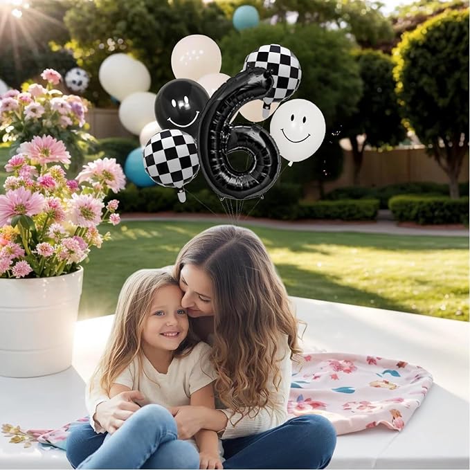 Birthday Party Balloon Set with Checkered and Smiley Face Design, 8-Piece Black and White Balloon Pack with Number 6 Foil Balloon for Kids Celebrations