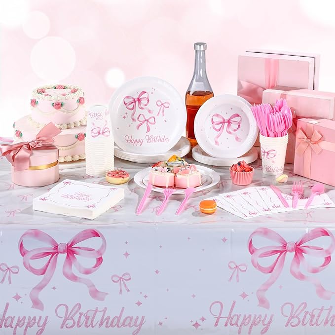 Pickmesh 194 Pcs Pink Bow Birthday Decoration Coquette Birthday Tableware Set Includes Pink Bow Paper Plates Napkins Cups Tablecloth Coquette Party Supplies for Baby Shower Bachelorette Party Decor