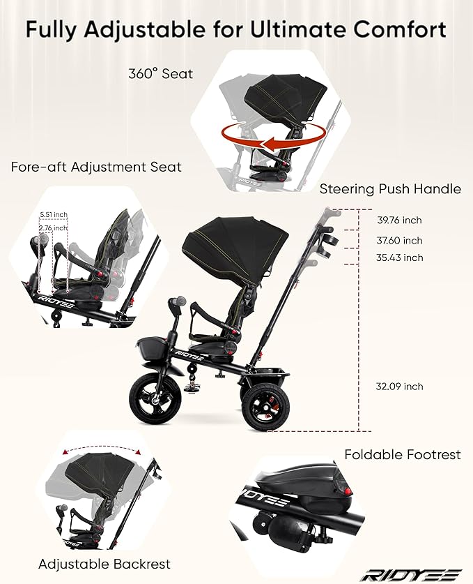 7-in-1 Tricycle for 18 Months to 5 Years, All-Terrain Rubber Tires, Dual Wheel Brakes, Rotatable Seat for Toddlers 1.5-3, Tricycle for 3-5 Years with DIY Stickers, Black