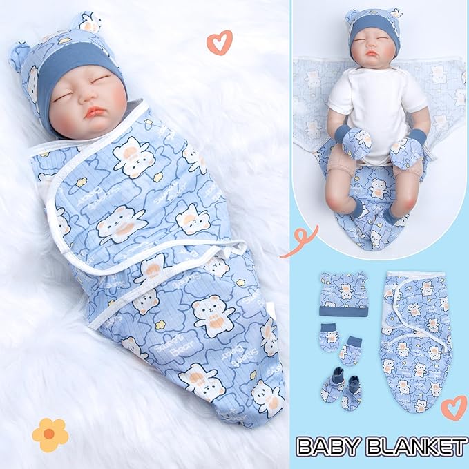 Reborn Baby Doll Clothes 12pcs for 17-22 Inch Reborn Dolls Clothes Accessories Blue Luxurious Gift Set (Bassinet+ Blanket)