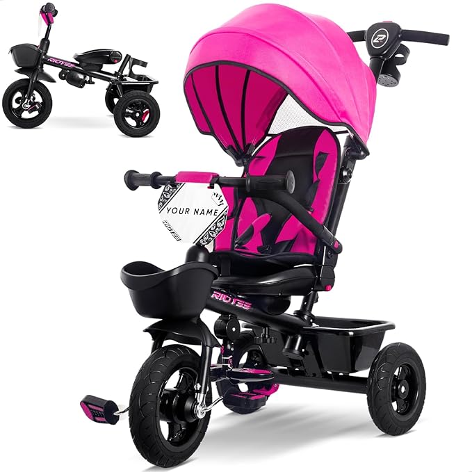 7-in-1 Tricycle for 18 Months to 5 Years, All-Terrain Rubber Tires, Dual Wheel Brakes, Rotatable Seat for Toddlers 1.5-3, Tricycle for 3-5 Years with DIY Stickers, Pink
