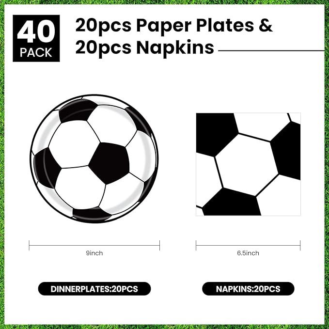 40 Pcs Soccer Plates and Napkins Party Supplies, Soccer Birthday Party Decorations Disposable Paper Plates and Napkins Tableware Set for Sports Theme Birthday Baby Shower Serves 20