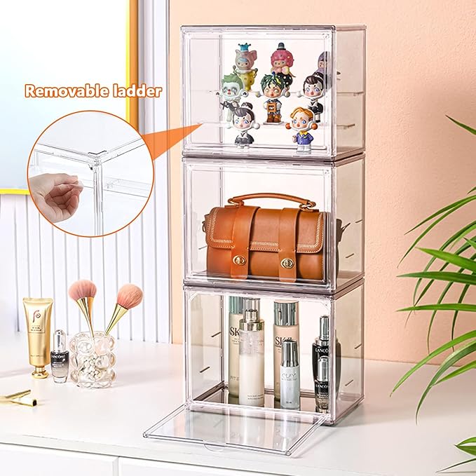 Premium Acrylic Display Case for Figures (10.6" x 7.1" x 8.7") 3 Layer Clear Display Box with Adjustable Dividers & Magnetic Door, Stackable Action Figure Showcase for Funko Pop, Mini Collectibles