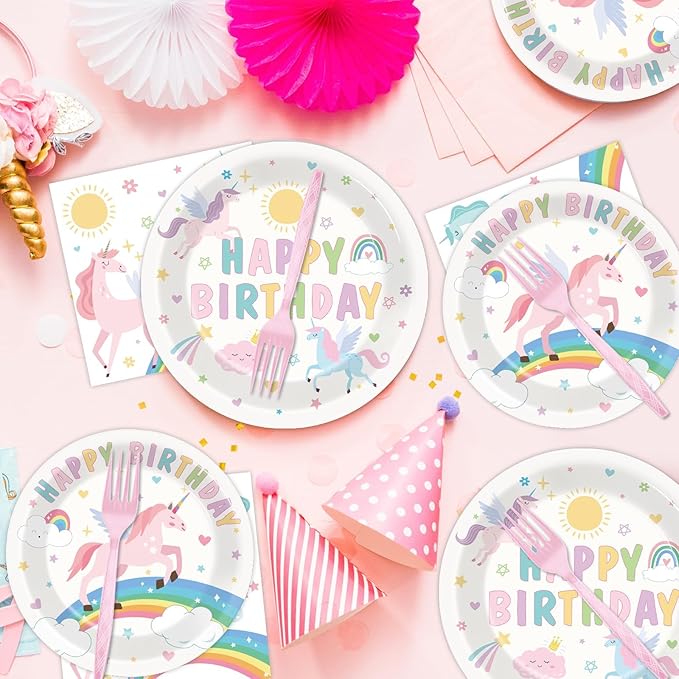96Pcs Pastel Unicorn Party Supplies Unicorn Paper Plates Napkins Pastel Birthday Tableware Set Rainbow Dinnerware for Girl Birthday Party Decoration Serve 24