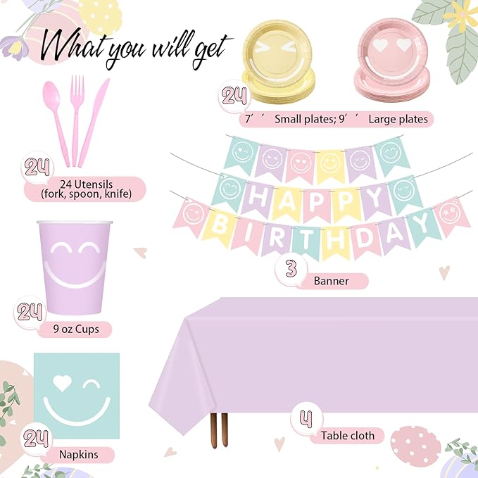 Dandat 175 Pcs Pastel Birthday Plates and Napkins Preppy Party Decorations Macaron Smile Happy Birthday Banner Supplies Serves 24 Guests Tableware Paper Plates Napkins Cups Tablecloths(Bright)