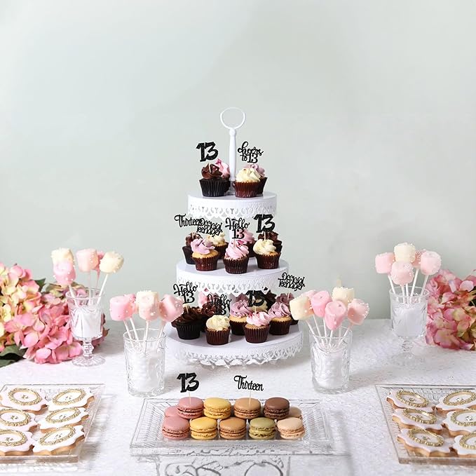 30Pcs 13th Birthday Cupcake Toppers Hello 13 Cupcake Picks Official Teenager Cheers to 13 Years Old Cake Decorations for 13th Birthday Anniversary Party Supplies Black Glitter