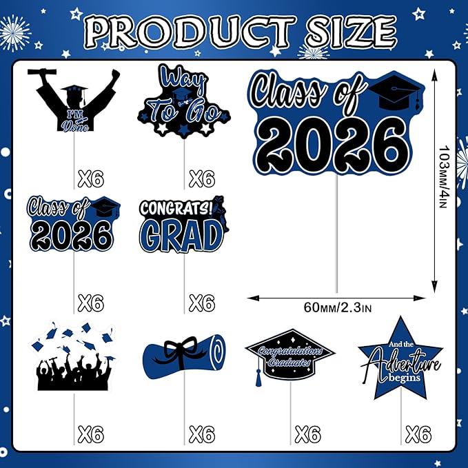 2026 Graduation Cupcake Toppers - 48 Pcs Blue Graduation Party Supplies Mini Cake Food/Appetizer Picks For Class of 2026 Graduation Decorations