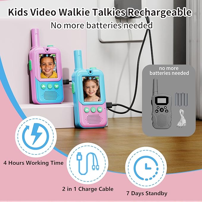 Video Walkie Talkies for Kids 2 Pack, 500ft Range Rechargeable Kids Walkie Talkies with HD Camera & 4 Voice Changer, 2 Way Radio Toys for 3-12 Year Old Girls Boys for Camping Outdoor Adventure