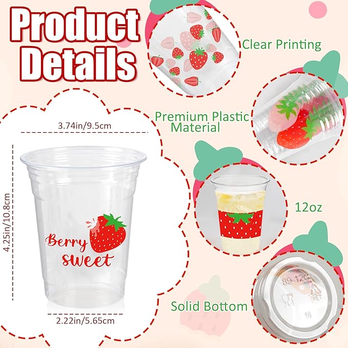 50Pcs Strawberry Party Decoration Cups, 12 OZ Disposable Plastic Strawberry Cups for Berry First Birthday Party Decor Supplies