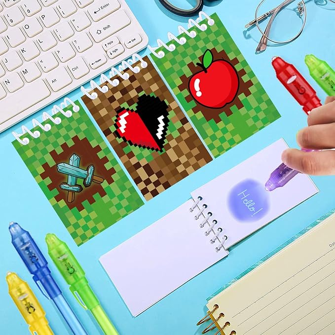 24 Pcs Pixel Theme party favors |12 invisible ink pen and 12 mini Notepads| Pixel Theme party Goodie Bag Stuffers, Classroom Prizes, party supplies