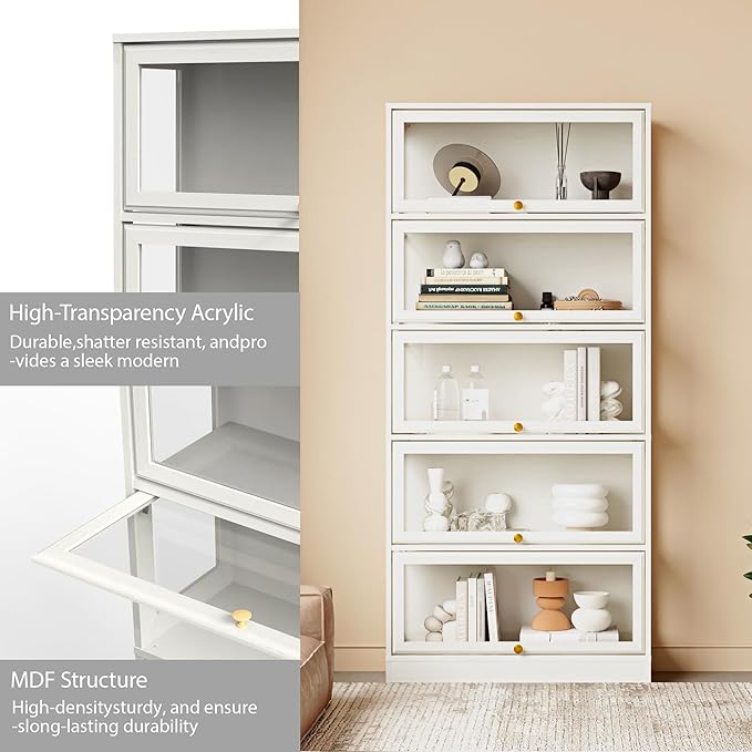 Display Cabinet with Acrylic Glass Doors,5-Tiers Curio Cabinet with LED Lighting for Collectibles, Collectibles Toy Organizers Rack & Display Shelf Display Case Storage Cabinet, White