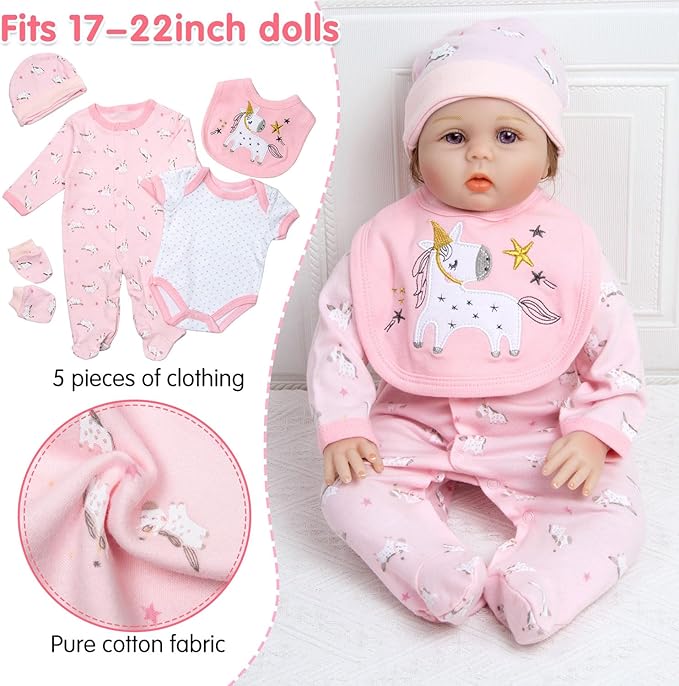 Pedolltree Reborn Baby Dolls Clothes Girl Unicorn Theme Outfit Accessories 13 Pcs for 17-22 Inch Reborn Dolls Newborn Baby Girl with Pink Unicorn Backpack