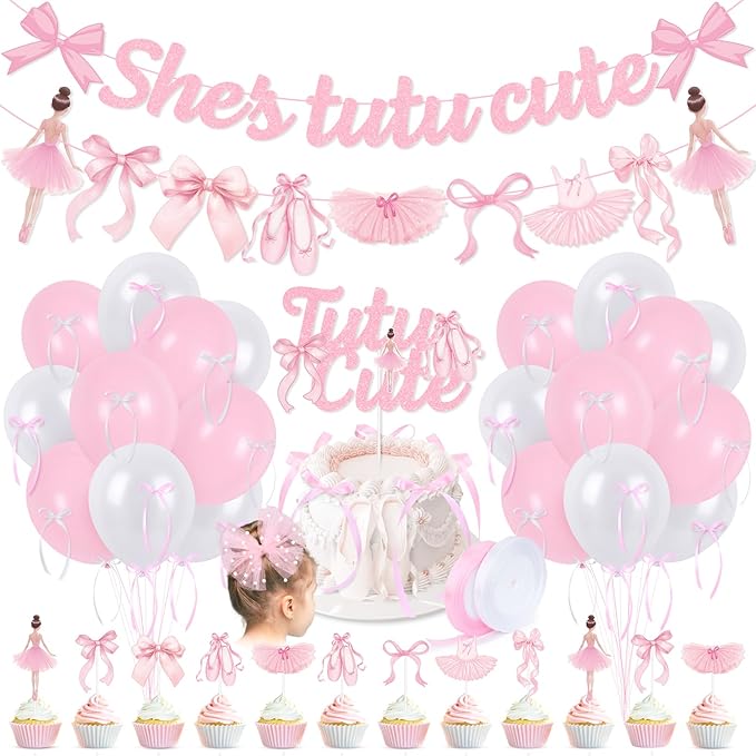Pink Bows Ballet Girls Birthday Party Decorations, She's Tutu Cute Ballerina Theme Birthday Party Banner Cake Toppers Balloons for Two Two Cute 2nd Bday Baby Shower Tutu Dancing Girls Party Supplies