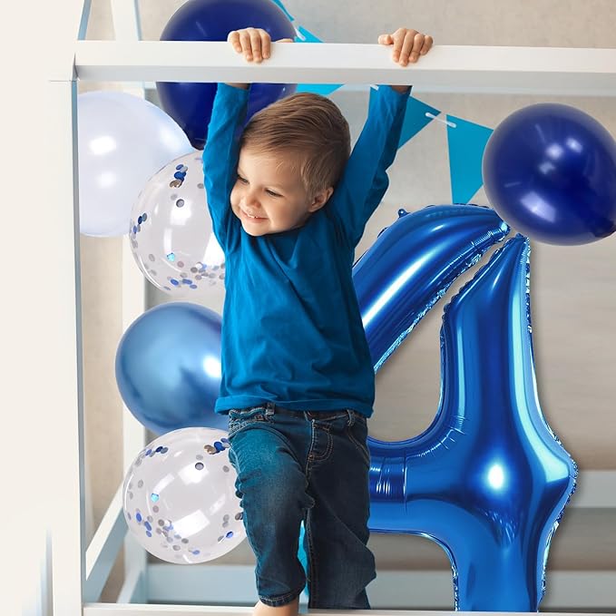 Number 4 Balloon Pastel Blue for kids, XXL 4th Birthday Decor Foil Balloon Dark Navy Blue with Silver Confetti Helium Balloon, 40 Inch Balloon 4 for Boys Four Birthday Party Anniversary Decorations