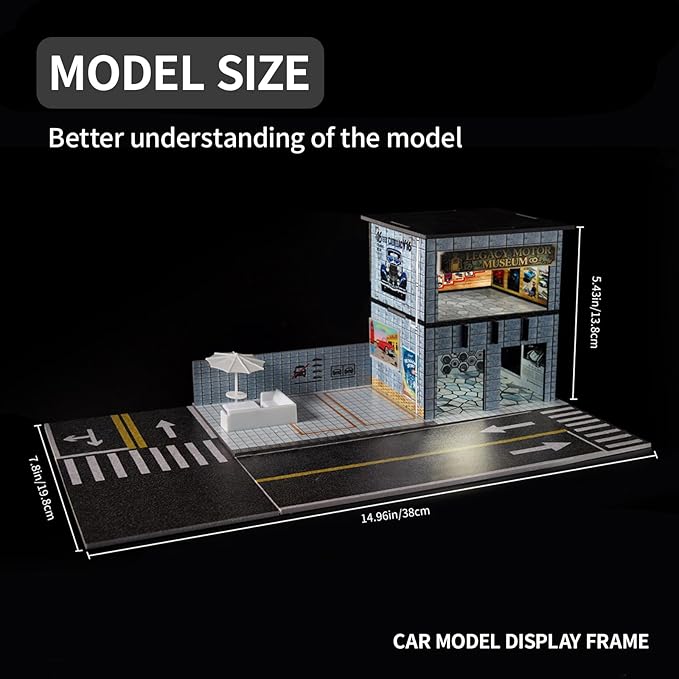 1/64 Model Car Display Shop Case for Adults, Premium in-House-Design Scale Diecast Parking Garage for Toy Cars, Toys Car Garage, Scenic Diorama Display Car Park with ith LED Lamps, Gifts for Men