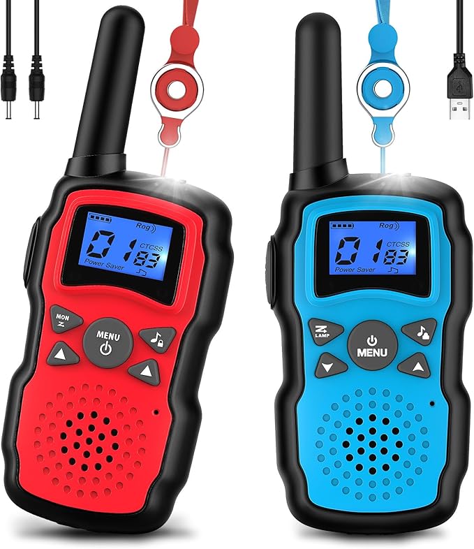 Wishouse Walkie Talkies for Kids Rechargeable with USB Charger 6000mAh Battery,Outdoor Camping Games with Flashlight Lanyard,Toys for Girls,Halloween Xmas Birthday Gift for Children 2 Pack Red Blue