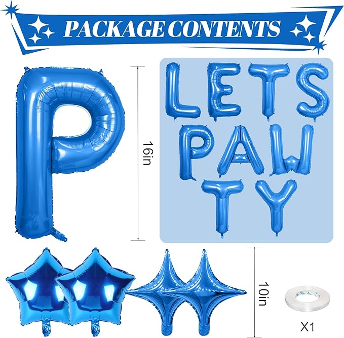 Lets Pawty Balloons Banner 16 Inch,Blue Birthday Decorations with 4pcs 10 Inch Star Balloons,Paw Foil Letter Balloon for Dogs Paw Pet Puppy Theme Party Supplies