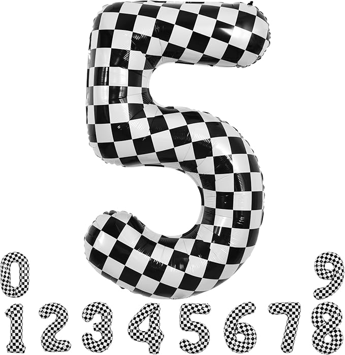 TONIFUL 40 Inch Checkered Number 5 Balloon 5th Race Car Birthday Party Supplies Black and White Large Number Balloon for Girls Boys 5th Birthday Fast Race Car Flag Party Decorations