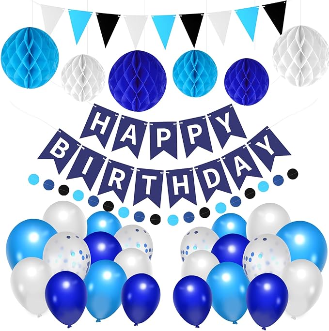 33 Packs Birthday Party Decorations, Happy Birthday Hanging Banner Circle Dot Triangles Honeycomb Balls Balloon Decor Set For Boys Girls Men Women Teen(Blue&Black)